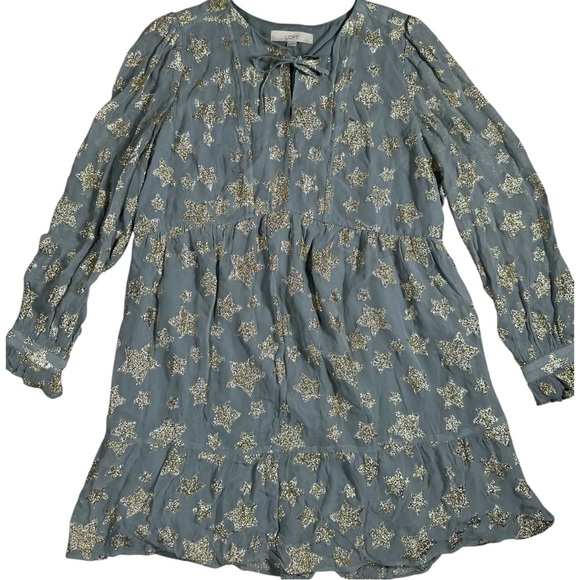 Loft Tiered Ruffle Dress Grey & Gold Size Large - Picture 1 of 11